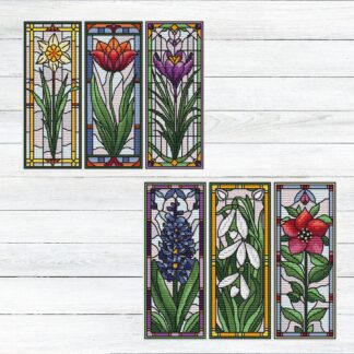 Patrón de punto de cruz – Set de Marcapáginas flores de primavera | estilo vidriera | Bordado floral moderno| Liliss