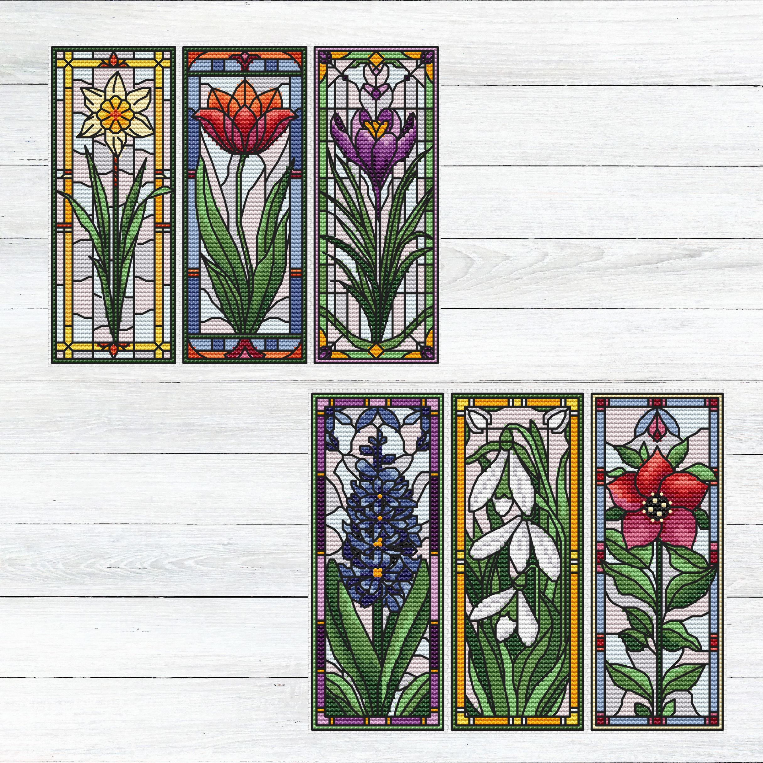 Patrón de punto de cruz – Set de Marcapáginas flores de primavera | estilo vidriera | Bordado floral moderno| Liliss