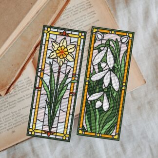 Patrón de punto de cruz – Set de Marcapáginas Narciso y Campanilla de Invierno | estilo vidriera | Bordado floral moderno| Liliss
