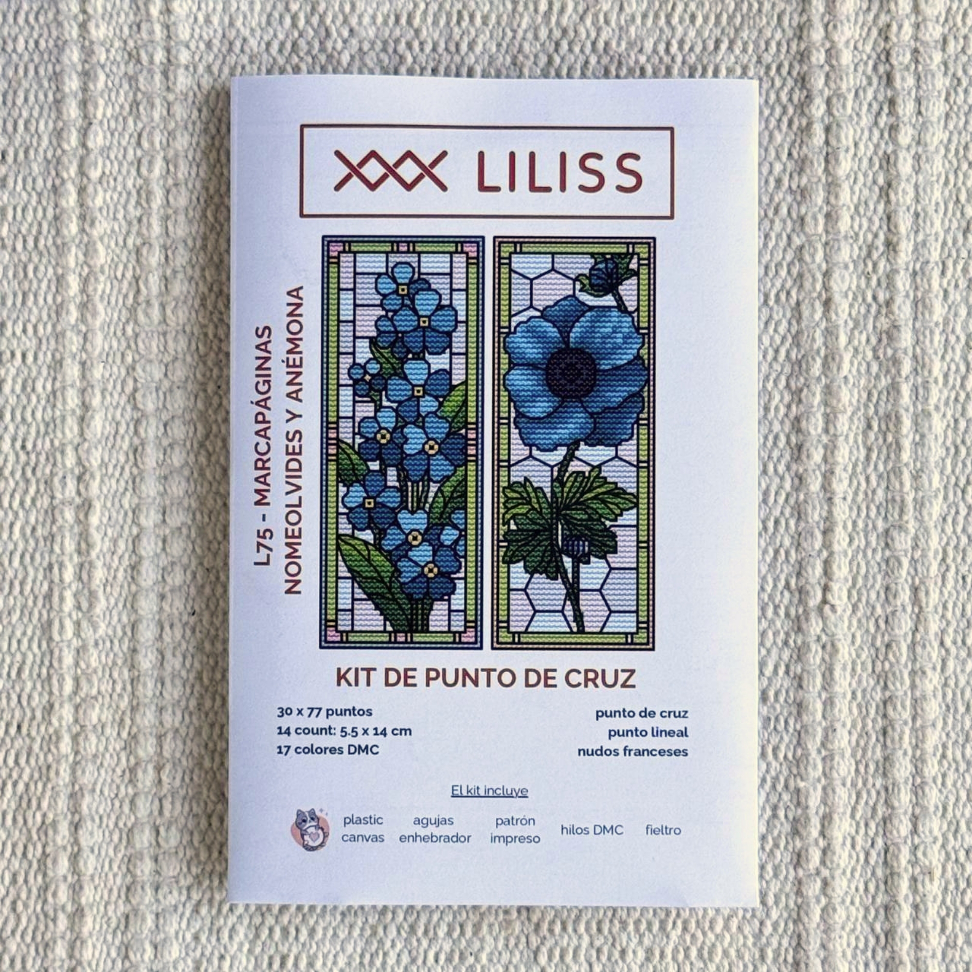 Kit de punto de cruz – Set de 2 marcapáginas Nomeolvides y Anémona azul