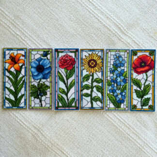 Set de 6 patrones de punto de cruz – Flores de verano | Marcapáginas estilo vidriera
