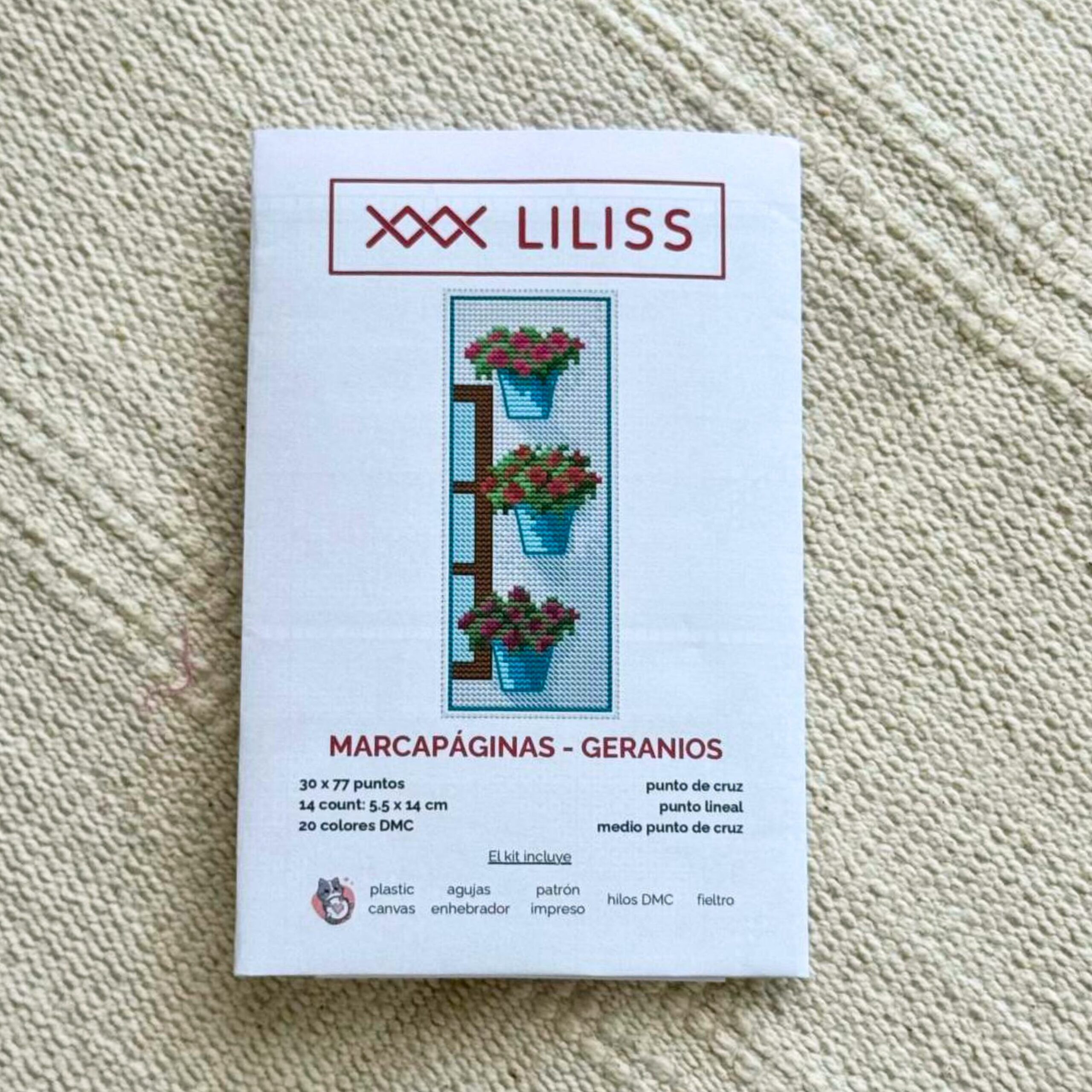 Kit de punto de cruz – Marcapáginas Geranios